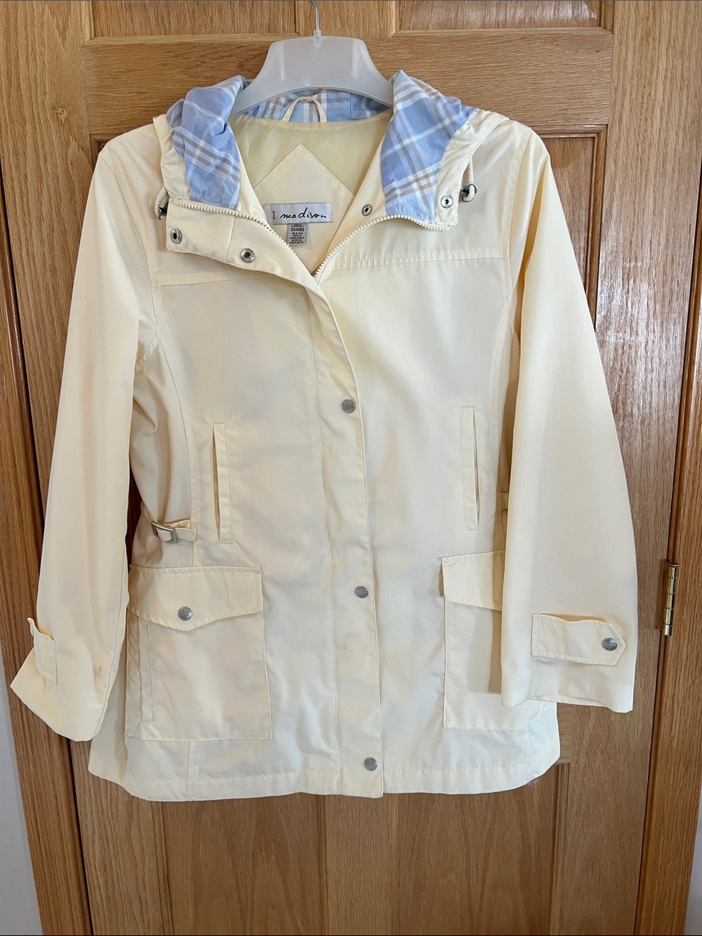 Madison - Pale Yellow Hooded Trench Coat with Blue Plaid Lining - Large